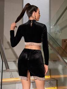 Zolique 2入組珍珠流蘇裝飾絲絨套裝 - 黑色 - 查看 2