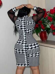 Slaydiva 大尺碼拼接網紗長袖緊身裙,犬牙紋款式 - 黑與白 - 查看 3