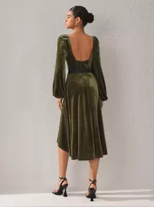 Brittney Do 设计师女士天鹅绒甜心领灯笼袖连衣裙，优雅连衣裙，秋季新年夜服装，适合秋冬季、节日、派对 - 綠色 - 查看 2