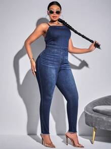 SHEIN SXY Plus Size Women'S Denim Jumpsuit With Backless Design And Tie Straps - Blue - View 6