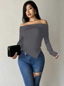 SHEIN Essnce Women's Solid Color Asymmetric Hem Off Shoulder Top - Grey - View 1