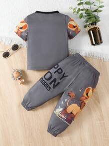 Em bé Con trai Mùa Xuân Mùa hè Đúng mốt Hoạt hình Sư tử In Khẩu hiệu Ngắn tay Áo thun Và Dài Quần - Nhiều màu - Xem 2