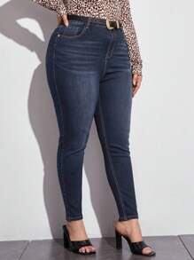 SHEIN Essnce Jeans ajustados de buena elasticidad - Azul lavado oscuro - Ver 5