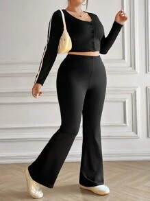 SHEIN EZwear Plus Size Striped Side Cutout Crop Top With Flared Pants Two Piece Set - Black - View 4