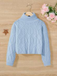 SHEIN Tween 女孩休閒寬鬆高領長袖絞花針織毛衣 - 淺藍色 - 查看 1