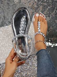 Women's Flat Sandals, Rhinestone T-Strap Bohemia Flip Flops Beach Thong Shoes, Sliver Valentines