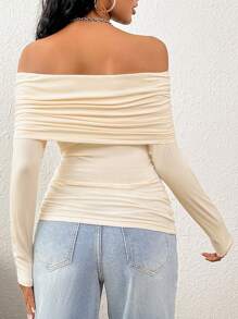 SHEIN EZwear 女士純色不對稱露肩t恤 - 米色 - 查看 2