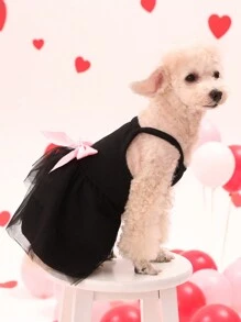 PETSIN 情人節黑色網眼蕾絲寵物衣服,粉色蝴蝶結