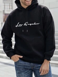 Manfinity Homme 男士字母印花束腰連帽衛衣 - 黑色 - 查看 1