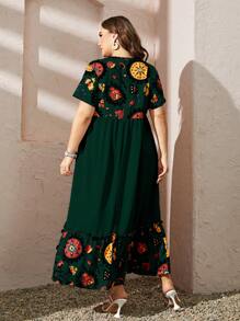 Al Najma Plus Size Random Printed Short Sleeve Dress Maxi Women Outfit - Dark Green - View 2