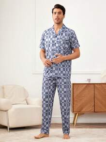 Men's Gentleman Style Blue Plaid Lapel Short Sleeve Button Front Pajama Set With Slight Stretch Fabric - Blue - View 6