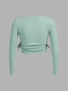 SHEIN Áo thun dệt kim ngắn tay có gân màu trơn dành cho nữ sinh Tween (3 gói) có đường viền cổ tròn - Màu xanh Cadet - Xem 10