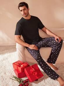 Valentine's Day Men's Letter Print Short Sleeve Top & Heart Print Pants Pajama Set - Black and White - View 6