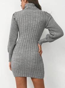 Vestido de punto cuello alto tejido de canalé con cinturón - Gris - Ver 2
