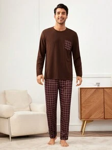 男士口袋t恤和格紋褲家居套裝 - 彩色 - 查看 2