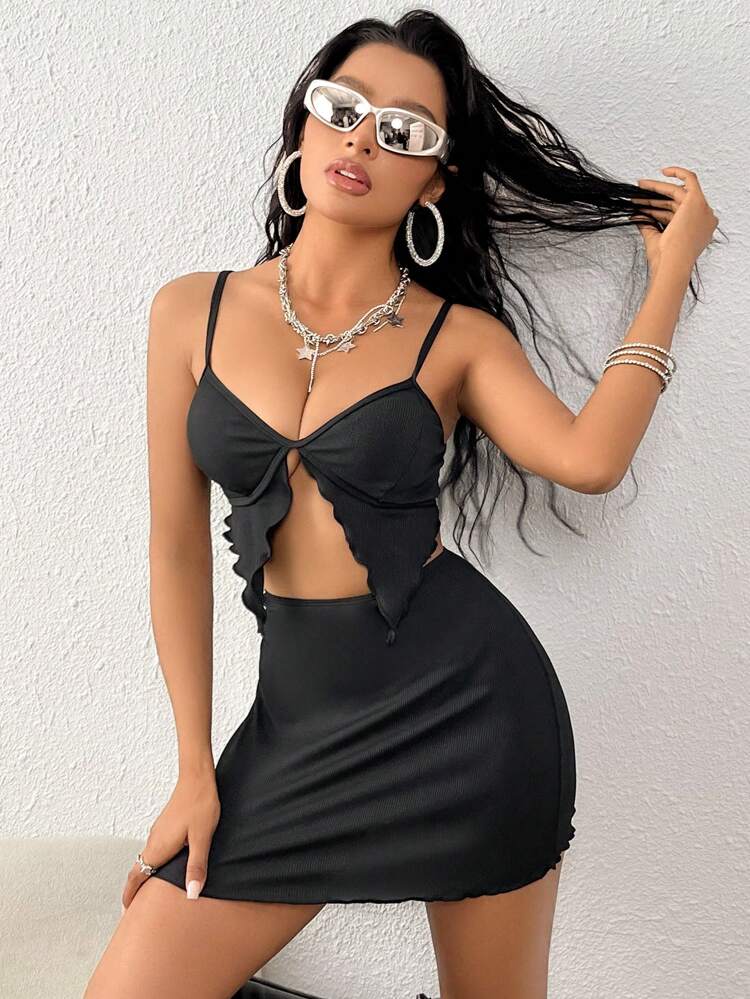 Solid Color Asymmetric Hem Bikini Set + Swim Skirt Summer Beach