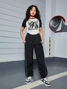 少女肖像印花衛衣和拼接口袋褲 2入組 - 黑色 - 查看 4