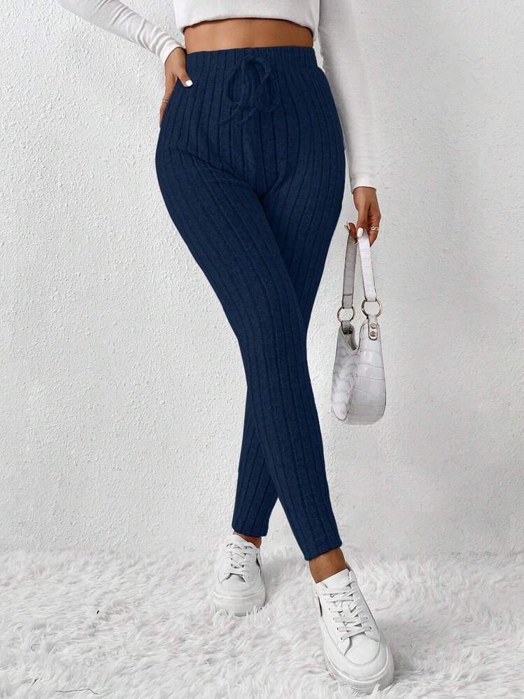 SHEIN Frenchy Solid Color Ribbed Knit Leggings Winter Casual Blue - Royal Blue - View 4
