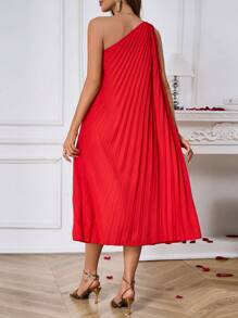 SHEIN Clasi 單肩無袖褶皺連衣長裙 - 紅色 - 查看 2
