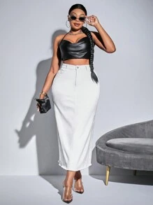 SHEIN SXY Kích thước lớn Eo cao Màu thuần Váy Denim - trắng - Xem 4