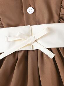 Baby Girl Ruffle Trim Flare Sleeve Shirt Dress - Coffee Brown - View 7