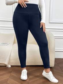 SHEIN LUNE 大码纯色保暖内衬紧身裤 - 藏蓝色 - 查看 4