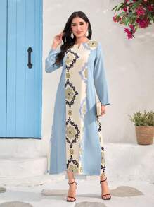 Al Najma Loose Fit Color Block Print Notched Neckline Dress - Baby Blue - View 7