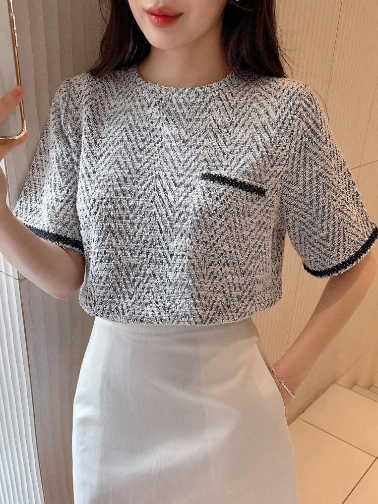 Women's Embroidered Patchwork Herringbone T-Shirt