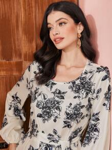 Mulvari Ladies' Floral Print Lantern Sleeves Dress - White - View 3