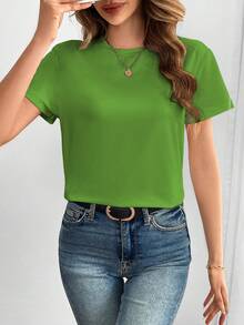 SHEIN EZwear Của phụ nữ Vòng cổ Ngắn tay Áo thun - màu xanh lá - Xem 4