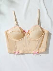 SHEIN Romantic Vintage Apricot Knitted Corset Bralette Top With Bow Detail Medium Stretch Bustier - Apricot - View 7
