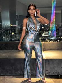 VaVaBold Silver Jumpsuit With Slatted Neck Metallic Laser Back Hollowed Out Neck - Silver - View 5