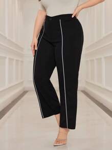 Mulvari Plus Size Colorblock Rolled Hem Dress Pants - Black - View 4
