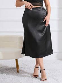 SHEIN Privé Kích thước lớn Của phụ nữ Thanh lịch A-line Đuôi cá Hem Xa ten Váy - màu đen - Xem 5