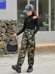 Tween Girl Casual Hollow Out T-Shirt And Camouflage Cargo Pants Set