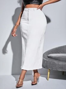 SHEIN SXY Kích thước lớn Eo cao Màu thuần Váy Denim - trắng - Xem 5