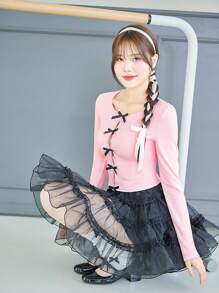 SHEINNeu Balletcore 甜美镂空丝带蝴蝶结蕾丝花边长袖粉色 T 恤生日女士服装春季女士衣服 - 粉色 - 查看 4