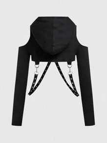 ROMWE Grunge Punk Ultra Short Hooded Spliced Sweatshirt With Chain For Women, School,Long Sleeve Tops Graduation,Back To School Outfits,Graduation,Teacher Outfits For Women,Back To School