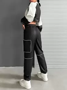 EURMUSE Contrast Zipper Baseball Collar Top And Contrast Edge Sports Pants 2pcs/Set - Black and White - View 2