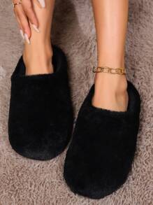 Fall/Winter Black Slide Slippers For Women, Indoor House Slippers For All Seasons, Soft Sole Comfortable Plush Slip-On Slippers, Beige Cute Slippers,Fluffy Slippers - Black - View 1