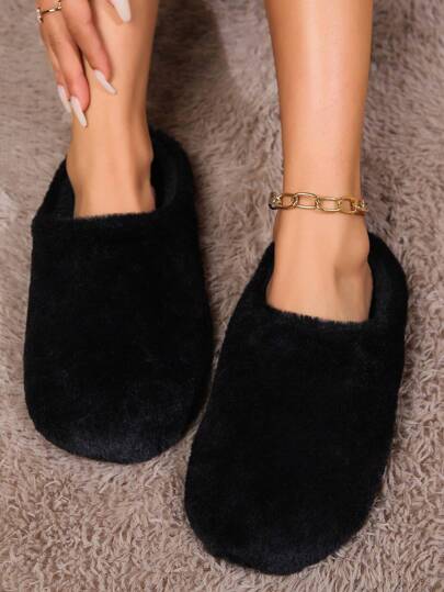 Fall/Winter Black Slide Slippers For Women, Indoor House Slippers For All Seasons, Soft Sole Comfortable Plush Slip-On Slippers, Beige Cute Slippers,Fluffy Slippers