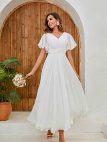 Vestido De Novia Francés Simple Con Cuello En V Y Manga Corta - Blanco - Ver 6