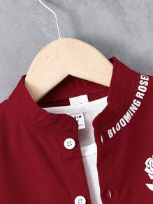 SHEIN 年輕男孩玫瑰印花鈕扣襯衫和短褲套裝 - 紅色 - 查看 6