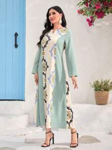 Al Najma Notch Neck Long Sleeve Dress - Green - View 3
