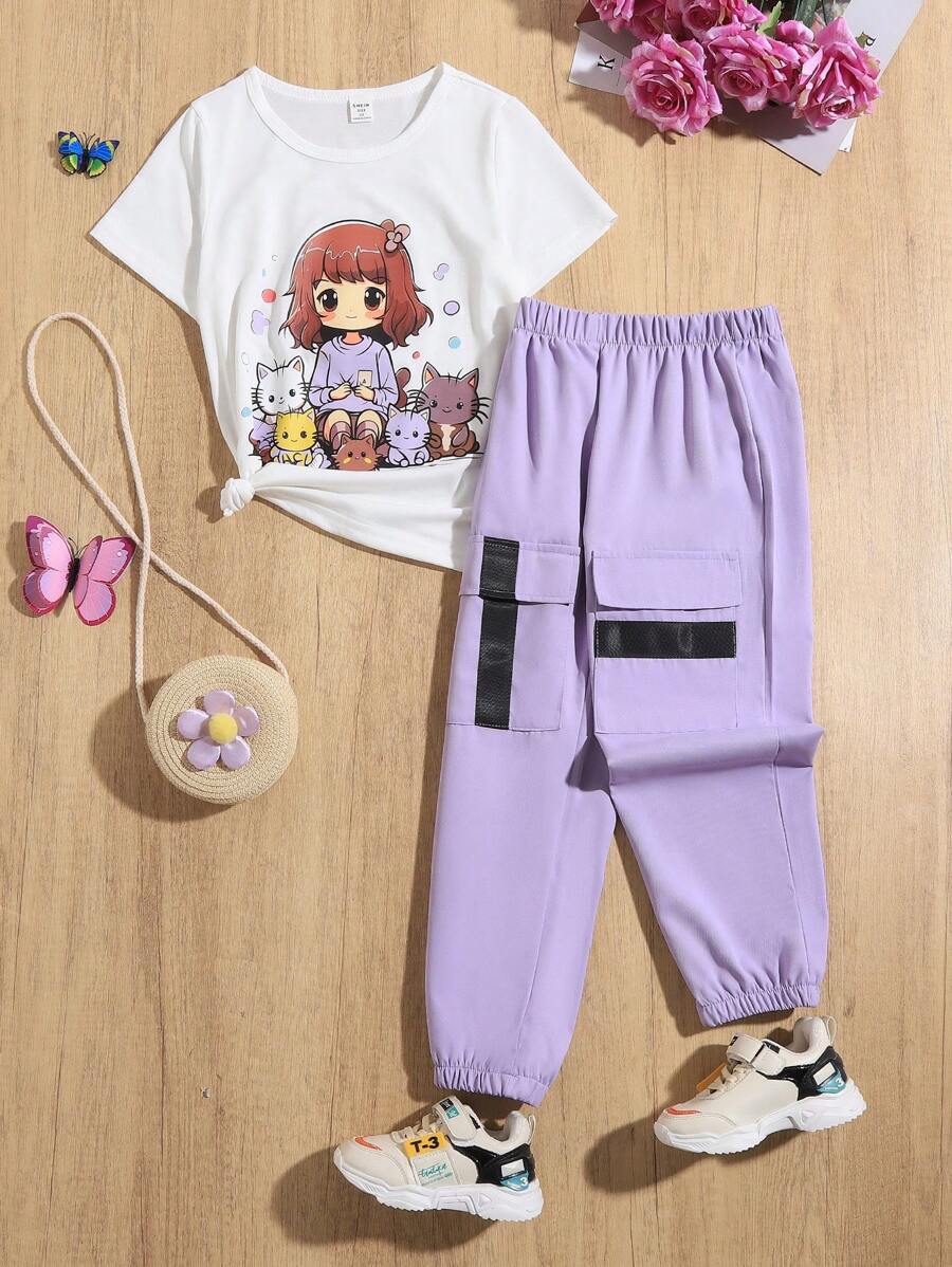 SHEIN 少女卡通貓印花短袖T恤和運動褲套裝 - 彩色 - 查看 1