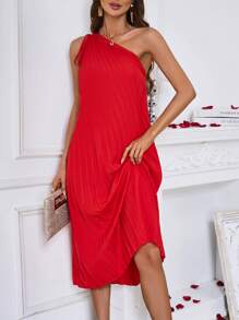 SHEIN Clasi 單肩無袖褶皺連衣長裙 - 紅色 - 查看 4