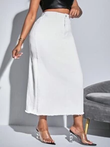 SHEIN SXY Kích thước lớn Eo cao Màu thuần Váy Denim - trắng - Xem 3