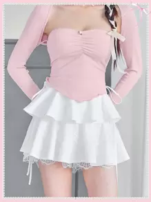 SHEINNeu 白色夏季短裙芭蕾蝴蝶结可爱蕾丝边短裙迷你短裙生日女士服装情人节衣服 - 白色 - 查看 1