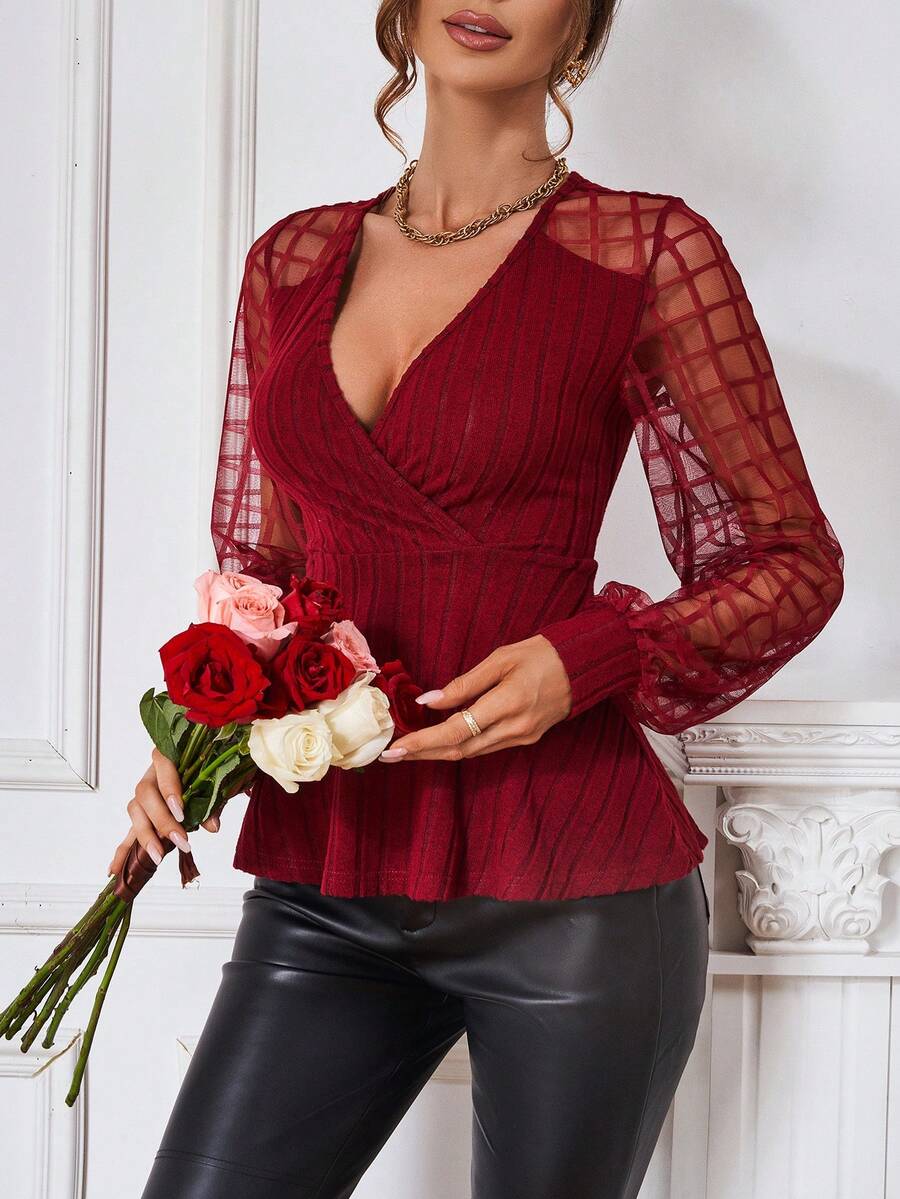 SHEIN Clasi 格紋網紗燈籠袖肋編針織上衣 - 酒紅色 - 查看 1