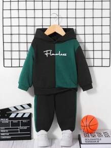 SHEIN Baby Boy Letter Graphic Two Tone Hoodie & Sweatpants - Multicolor - View 1